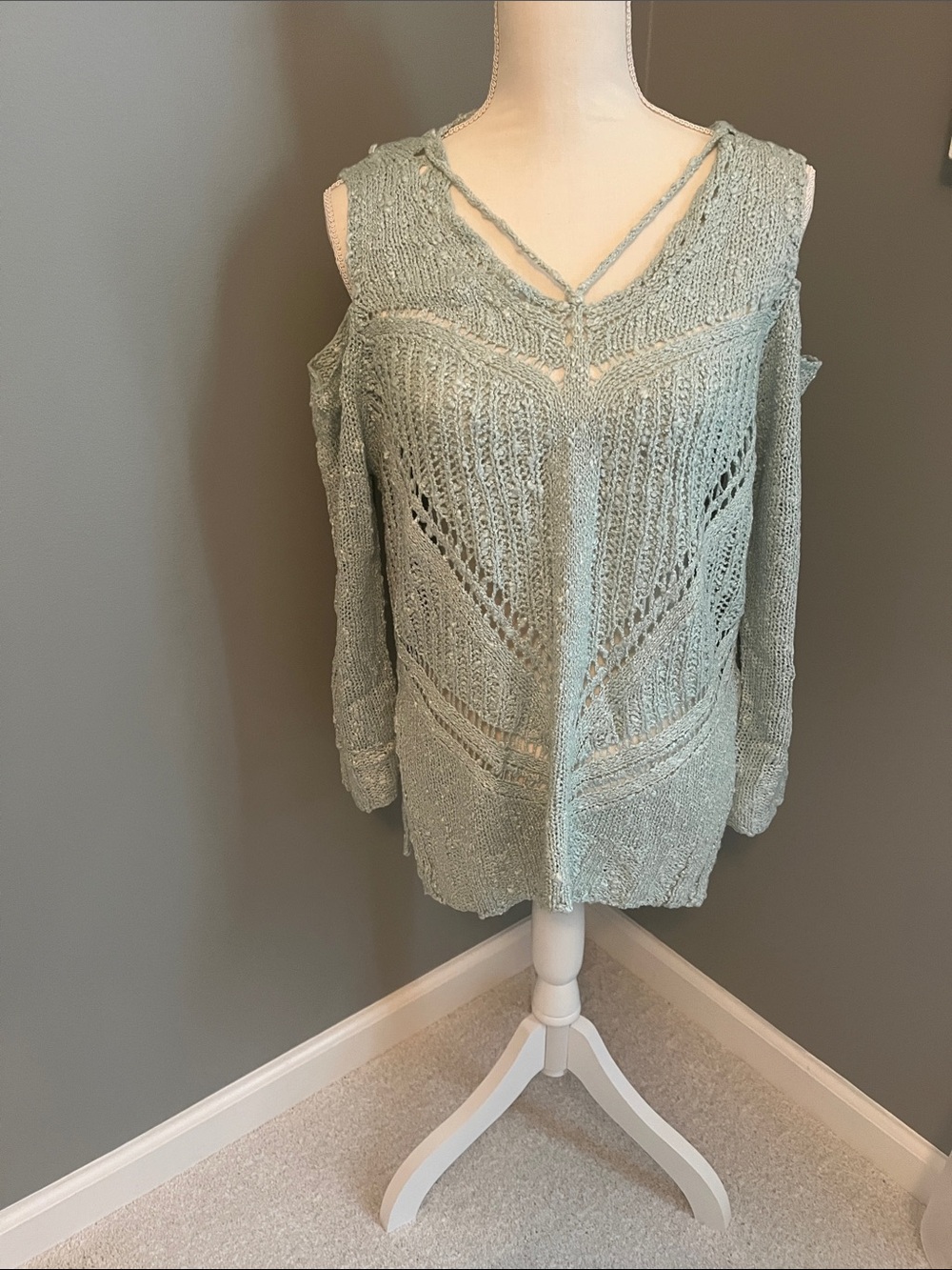 She + Sky Sage Green Open-Knit Cold-Shoulder Sweater